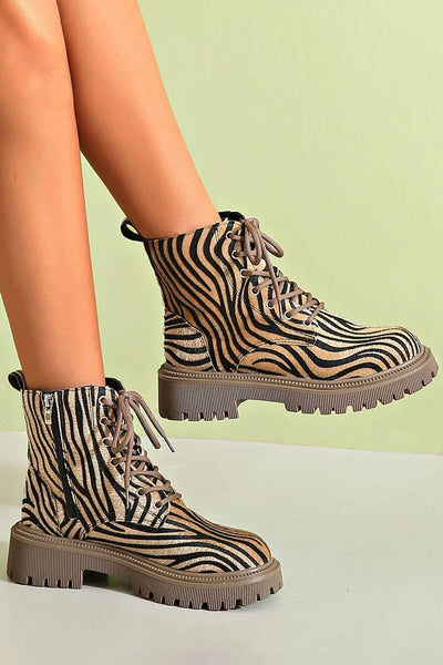 ZEBRA PRINT LACE-UP BOOTS